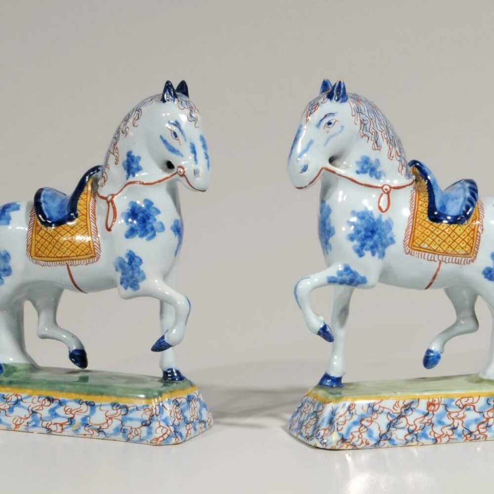 D8871 Pair of Polychrome Figures of Prancing Horses Delft, circa 1760
