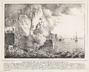 Lithograph, Johannes Beunis, The Explosion of the canon boat N2 of Commander J. C. J. van Speyk, 1831, Rijksmuseum Amsterdam, inv. nr. RP-P-OB-88.360