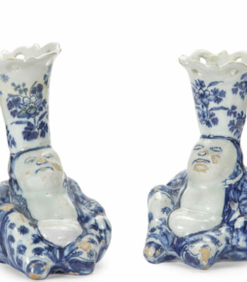 D2540. Pair of Blue and White Budai Heshang Flower Holders