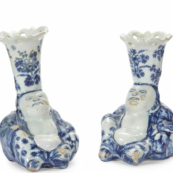 D2540. Pair of Blue and White Budai Heshang Flower Holders