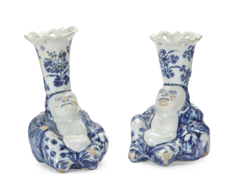 D2540. Pair of Blue and White Budai Heshang Flower Holders