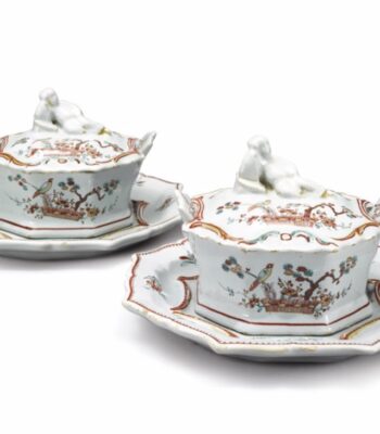 D2136 Pair of Polychrome Petit Feu and Gilded Butter Tubs, Covers and Stands