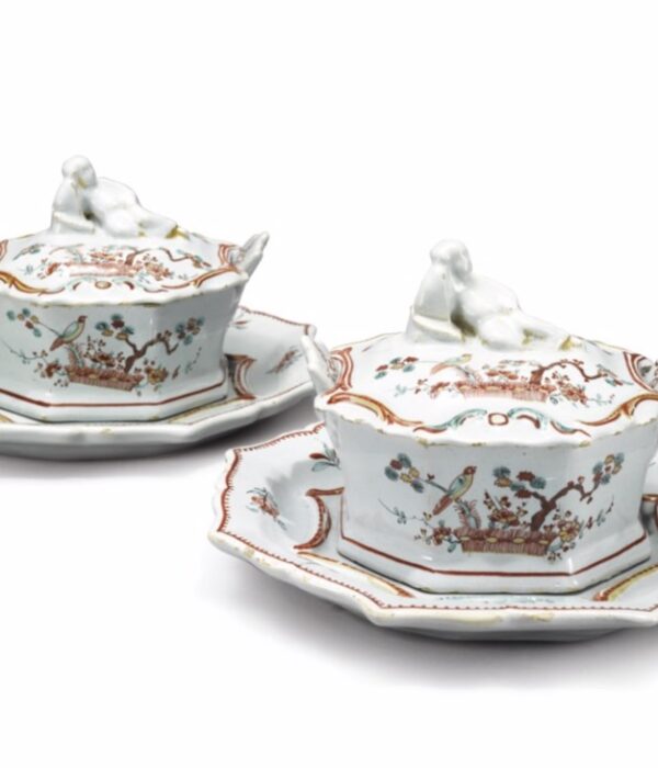 D2136 Pair of Polychrome Petit Feu and Gilded Butter Tubs, Covers and Stands