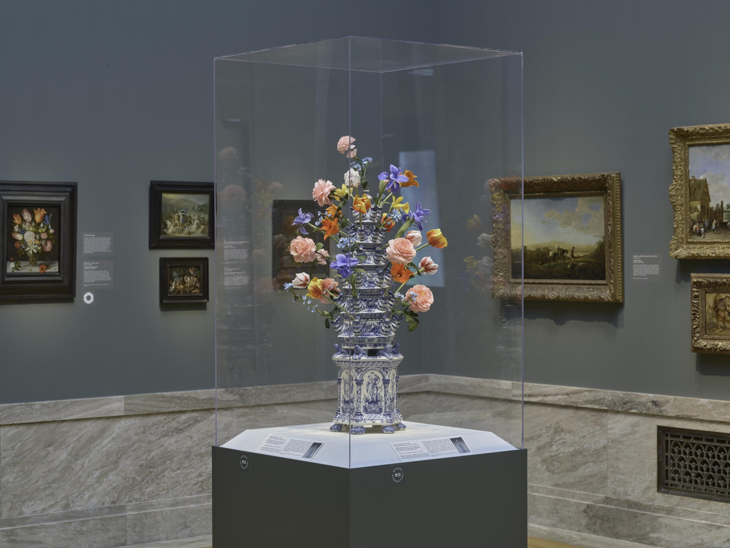The Flower Pyramid (c. 1690), Adrianus Kocx of the Greek A Factory, on display with paper flowers created by Quynh Nguyen at the Cleveland Museum of Art. Courtesy of the Cleveland Museum of Art